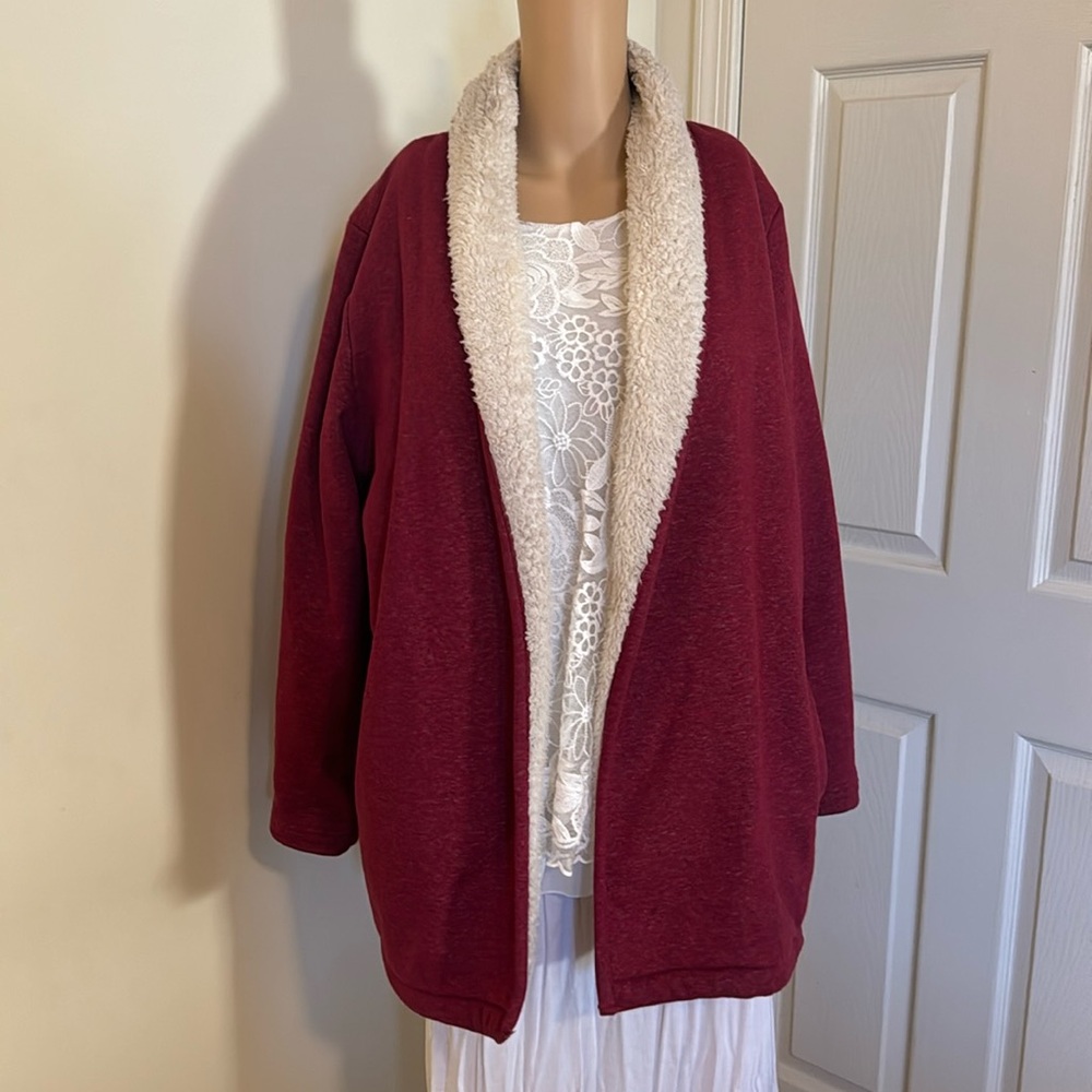 L.L.BEAN Women’s Red /Maroon Fleece Cardigan Style Jacket Size Large withPockets